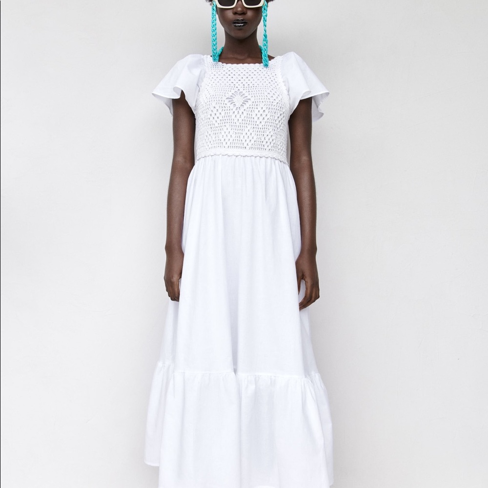 ZARA NEW WOMAN LONG CROCHET LINEN BLEND DRESS RUFFLED HEM WHITE SZ MED 7200/115 - Picture 1 of 7